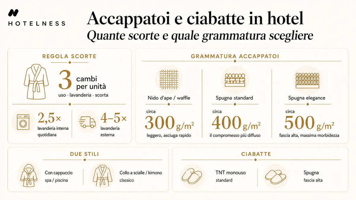 Infografica su accappatoi e ciabatte in hotel: regola delle scorte 3 cambi per unità, grammature 300/400/500 g/mq, stili con cappuccio o collo a scialle, ciabatte TNT o spugna