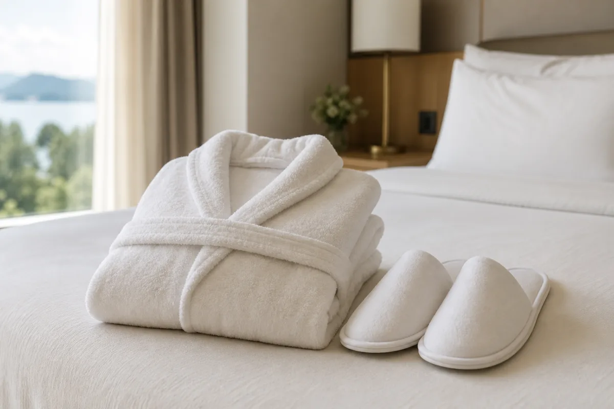 Accappatoio bianco piegato su un letto di hotel accanto a un paio di ciabatte da camera