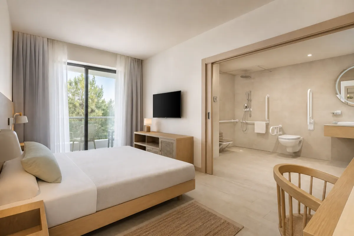 Camera di hotel accessibile con bagno ampio, corrimano e spazio di manovra per sedia a ruote