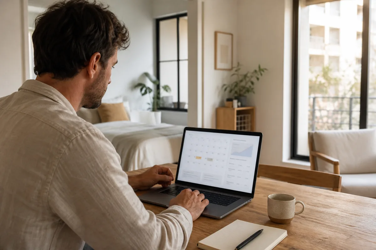 Host controlla il calendario delle prenotazioni e i prezzi su un laptop, seduto a un tavolo in legno in un piccolo appartamento in affitto breve illuminato da luce naturale