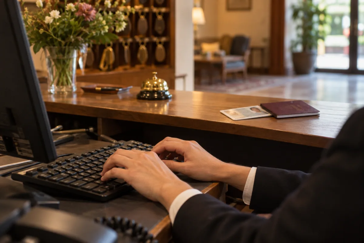 Mani di un receptionist che digitano su una tastiera al banco della reception, con carta d'identità e passaporto appoggiati accanto