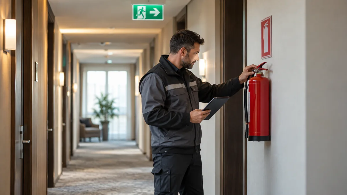Tecnico antincendio controlla un estintore e la segnaletica di una via di esodo nel corridoio di un hotel