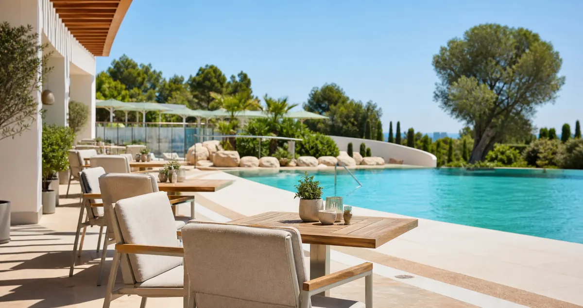 Sedie e tavolini in alluminio e teak su una terrazza hotel a bordo piscina