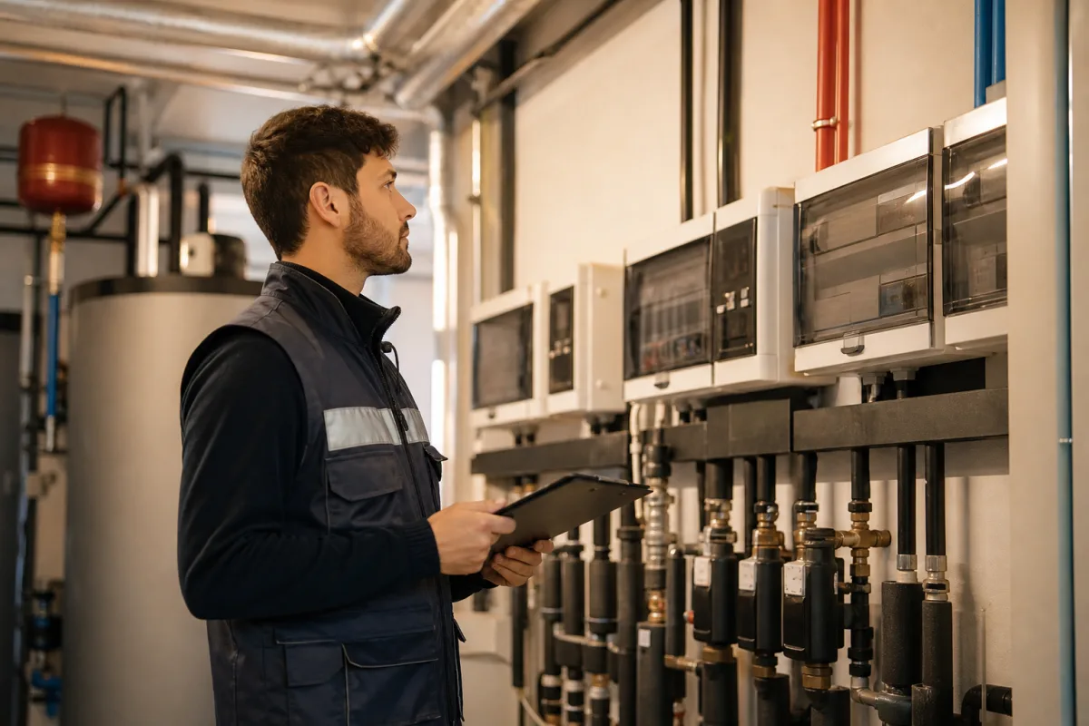 Tecnico controlla il quadro dei consumi energetici in una centrale termica di un hotel