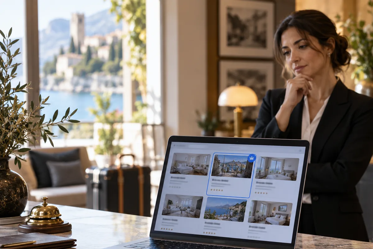 Responsabile di un hotel osserva sul laptop una schermata illustrativa di risultati alberghieri; non è l'interfaccia di Booking.com