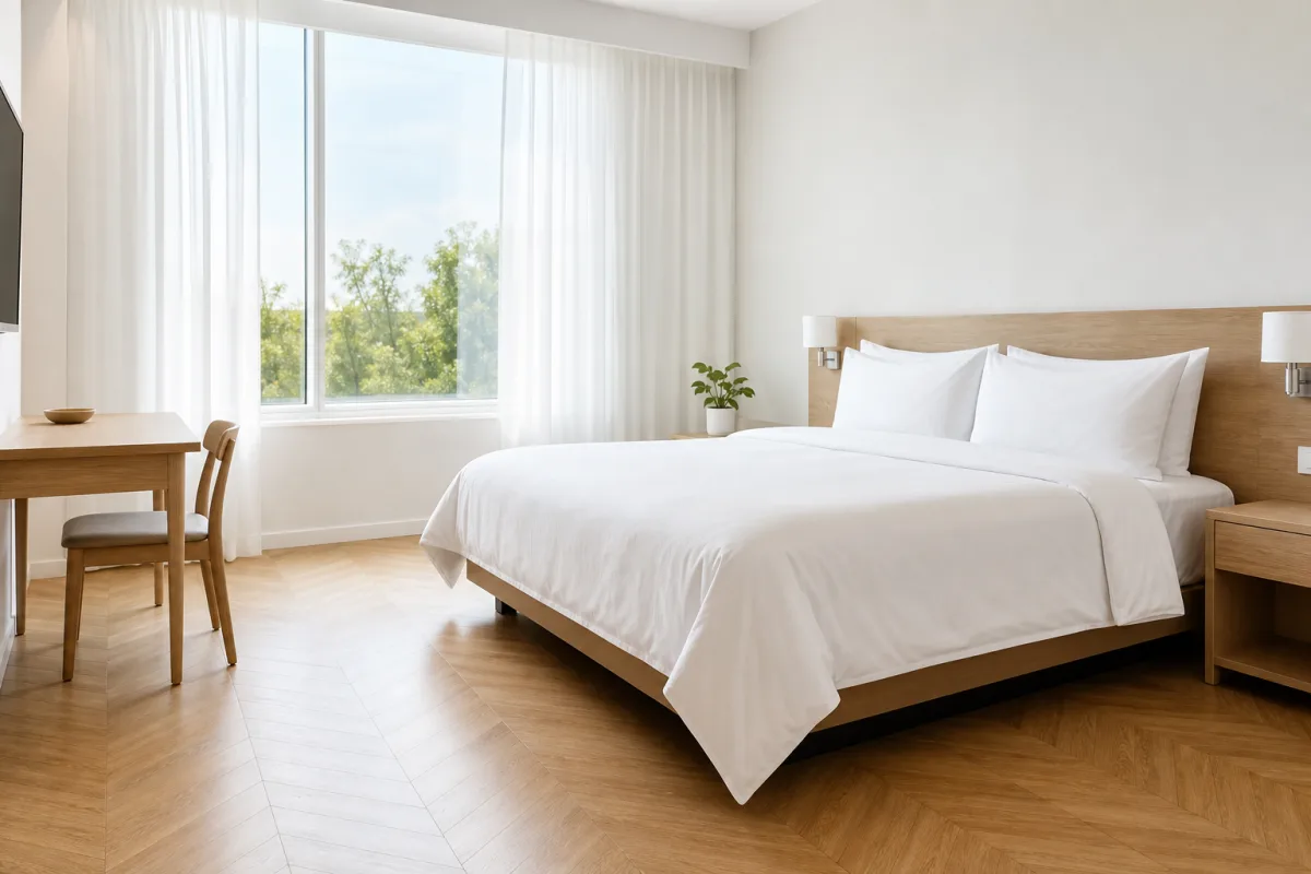 Camera di hotel minimale con pavimento in parquet, biancheria bianca e nessuna moquette o tenda pesante