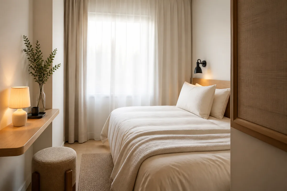 Camera d'hotel minimalista e compatta, letto singolo con biancheria neutra, mensola a parete al posto della scrivania, nessun minibar visibile