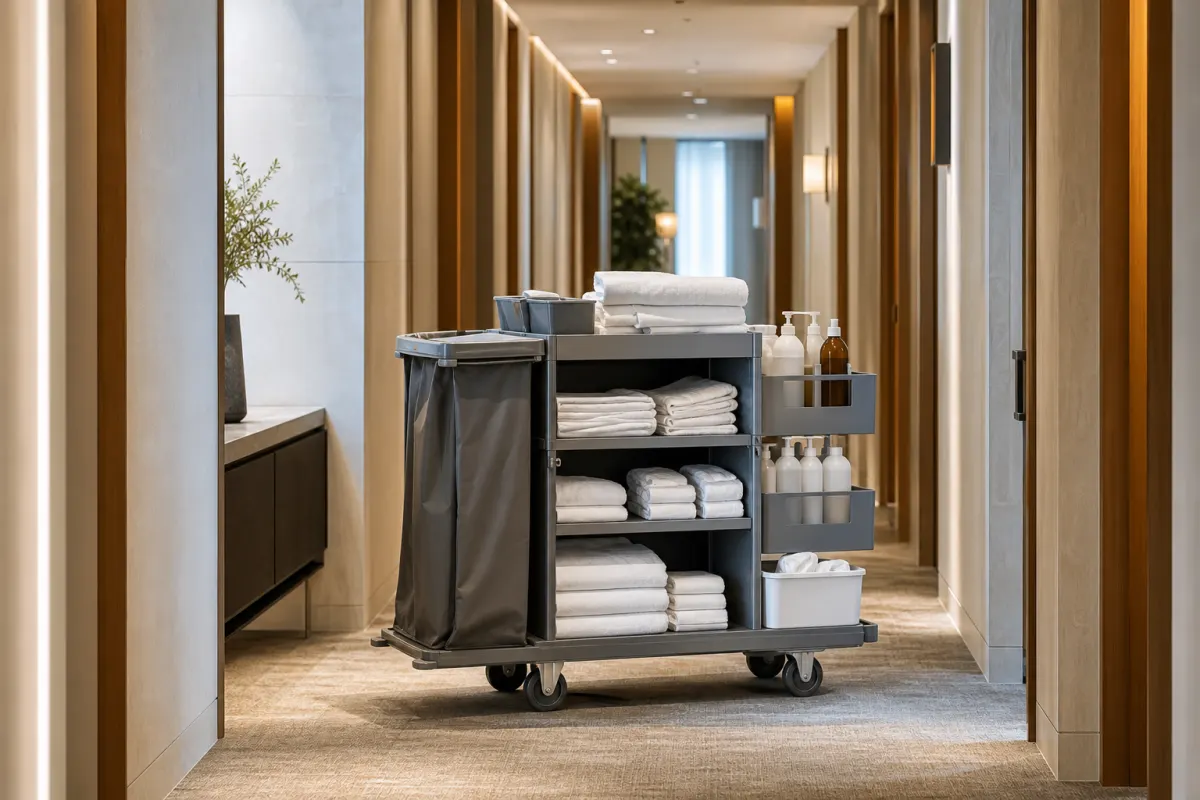 Carrello di pulizia per hotel rifornito di asciugamani, biancheria e prodotti per l'igiene, in un corridoio di hotel