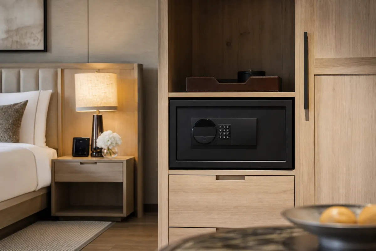 Cassaforte digitale da camera integrata in un armadio di legno chiaro accanto al comodino in una camera di hotel