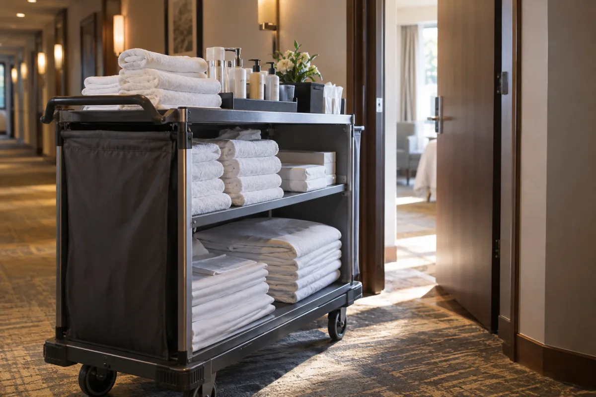 Carrello da cameriera ai piani con asciugamani e lenzuola piegati, in un corridoio di hotel