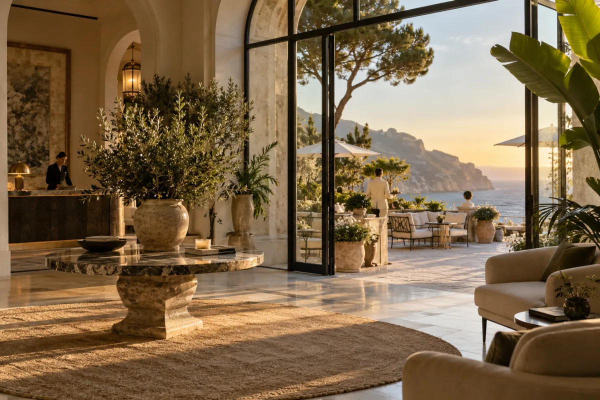 Illustrazione editoriale di una lobby d'hotel affacciata sul Mediterraneo al tramonto; non ritrae un hotel premiato