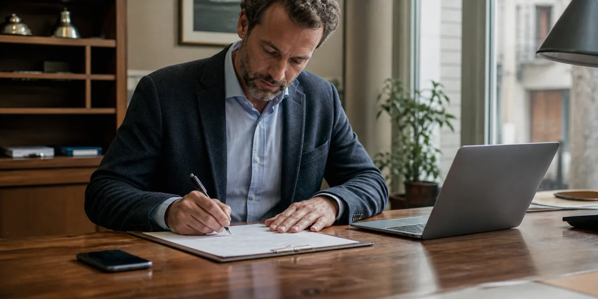 Un albergatore firma un documento su una scrivania d'ufficio, con laptop e telefono accanto, luce naturale diurna