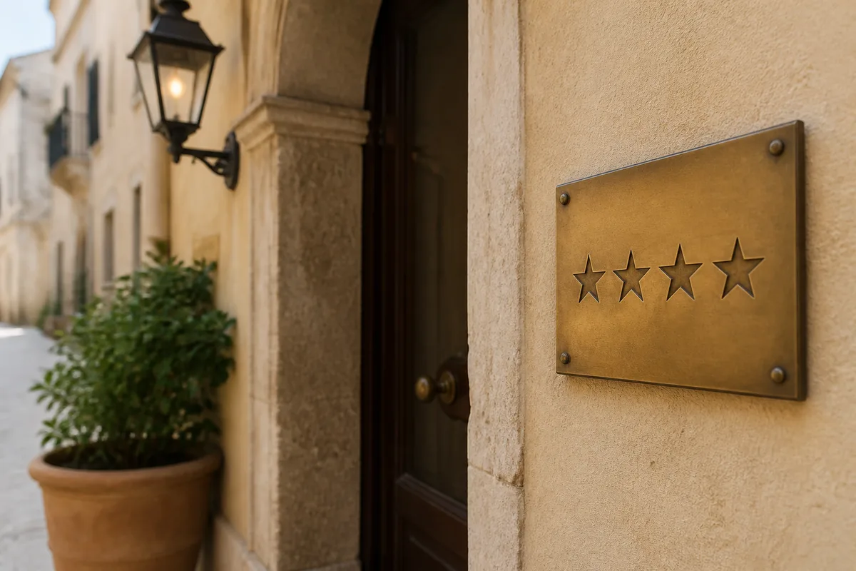 Targa di classificazione in ottone con quattro stelle incise, fissata al muro accanto all'ingresso di un piccolo albergo italiano