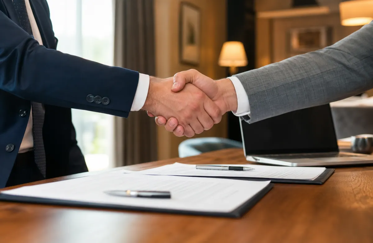 Stretta di mano tra due professionisti su un tavolo con documenti contrattuali e un laptop