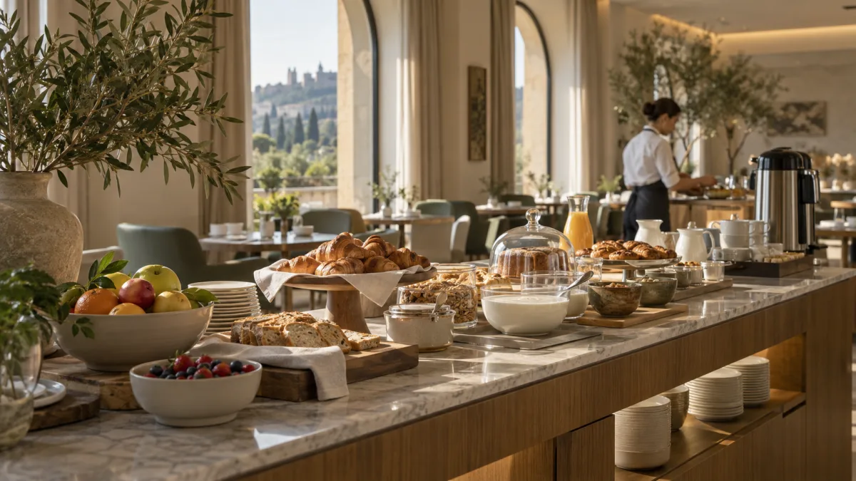 Buffet della colazione in un hotel con frutta, pane, croissant e bevande predisposti per gli ospiti