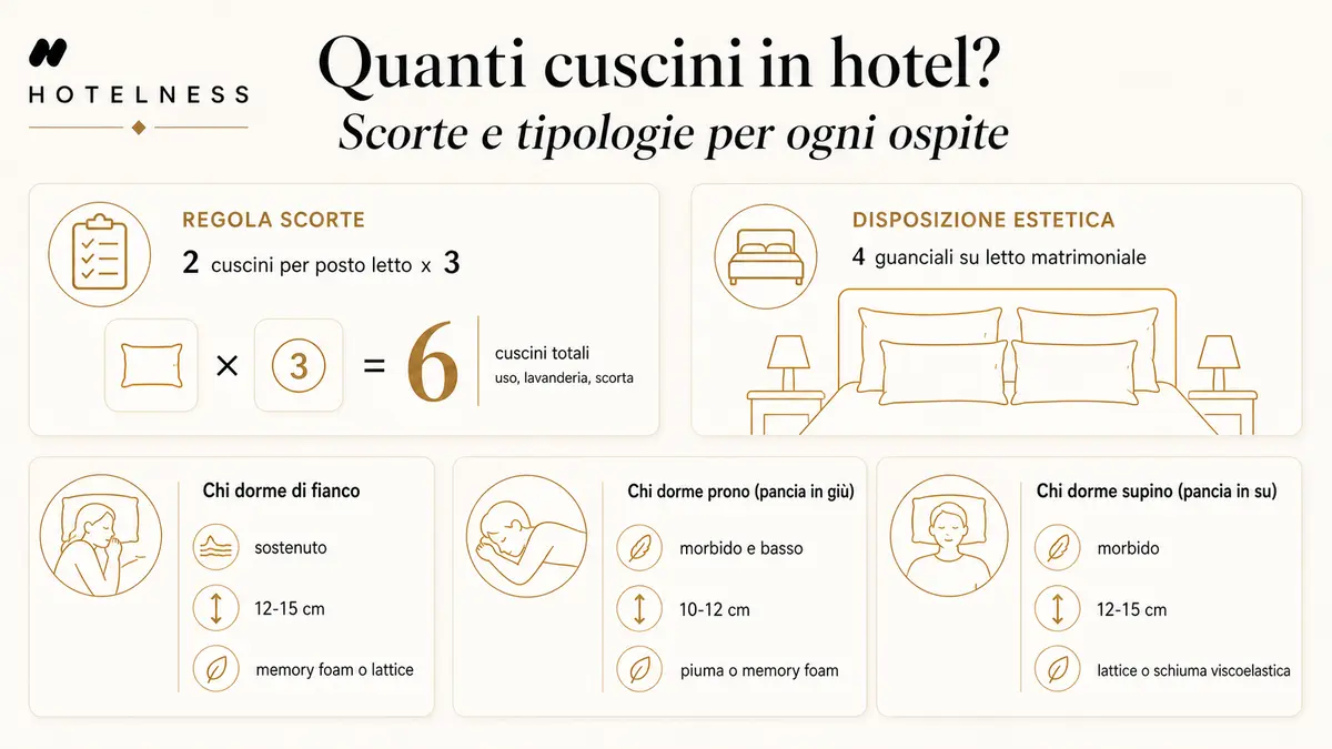 Infografica su quanti cuscini servono in hotel: regola delle scorte 2 per posto letto per 3, disposizione a 4 guanciali, e tipologie per posizione di sonno (fianco, prono, supino)