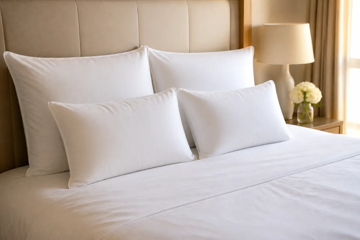 Letto hotel con quattro guanciali bianchi disposti a strati su lenzuola bianche