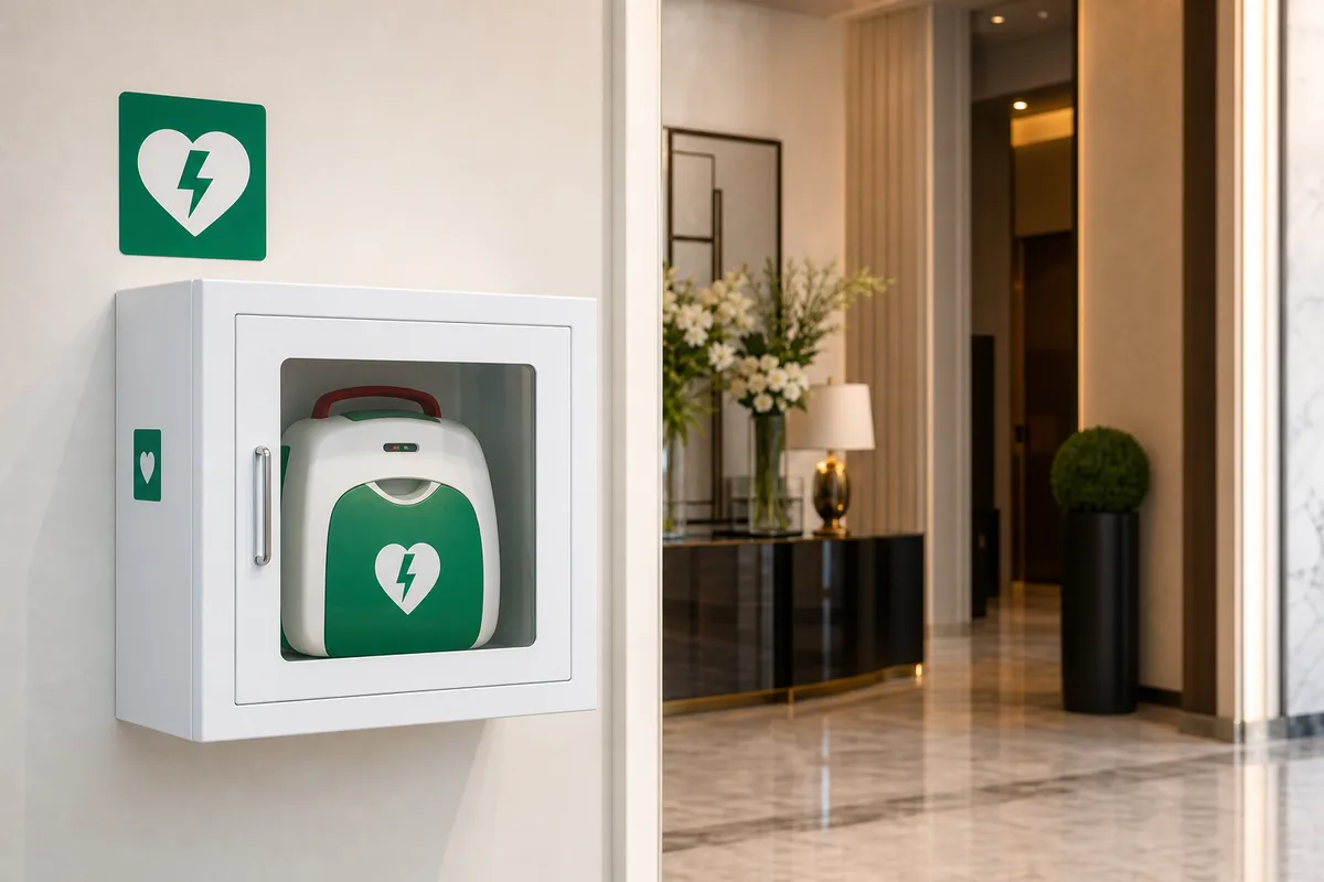 Teca con defibrillatore semiautomatico (DAE) montata a parete in un corridoio di hotel