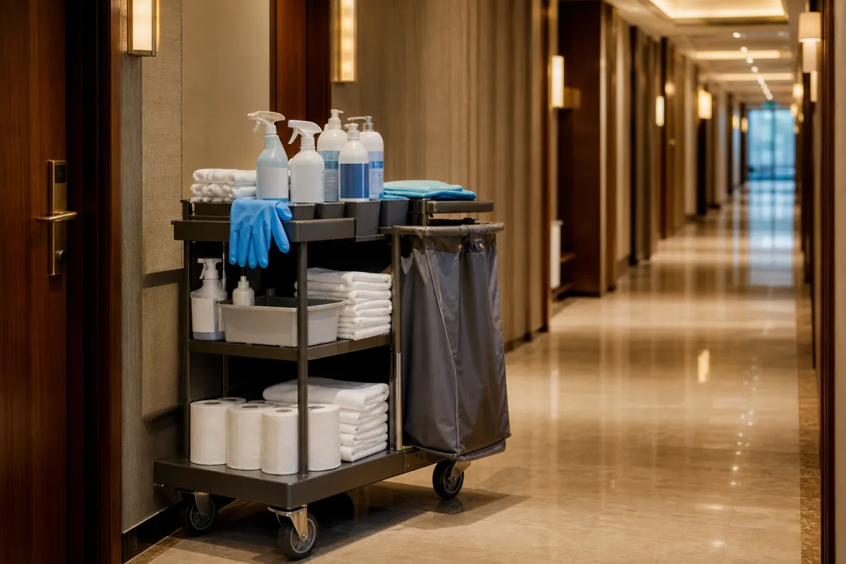 Flaconi di disinfettante professionale e guanti su un carrello di pulizia in un corridoio di hotel