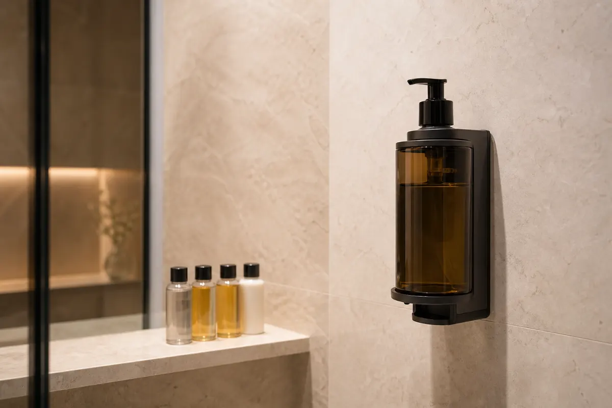 Dispenser ricaricabile a muro accanto a flaconcini monodose su una mensola in un bagno di hotel