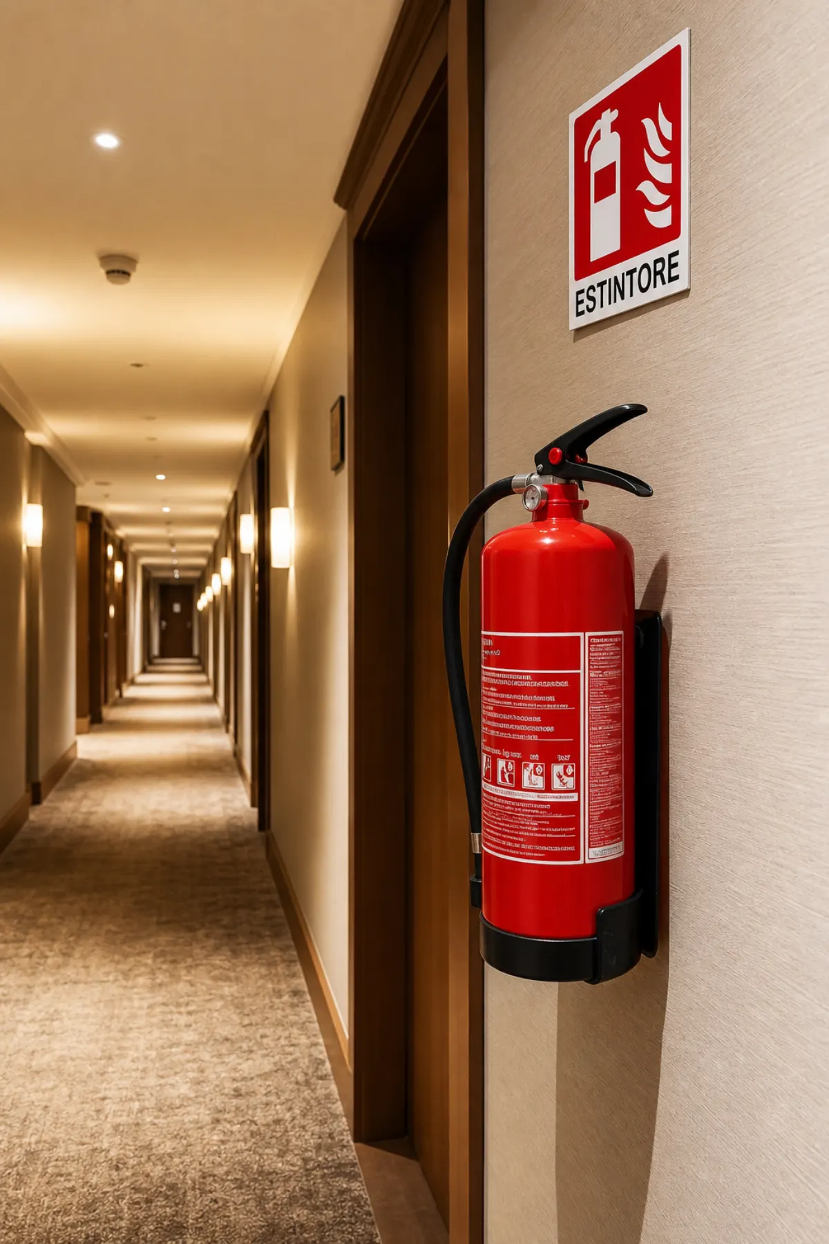 Estintore rosso a muro con cartello di segnalazione in un corridoio di hotel