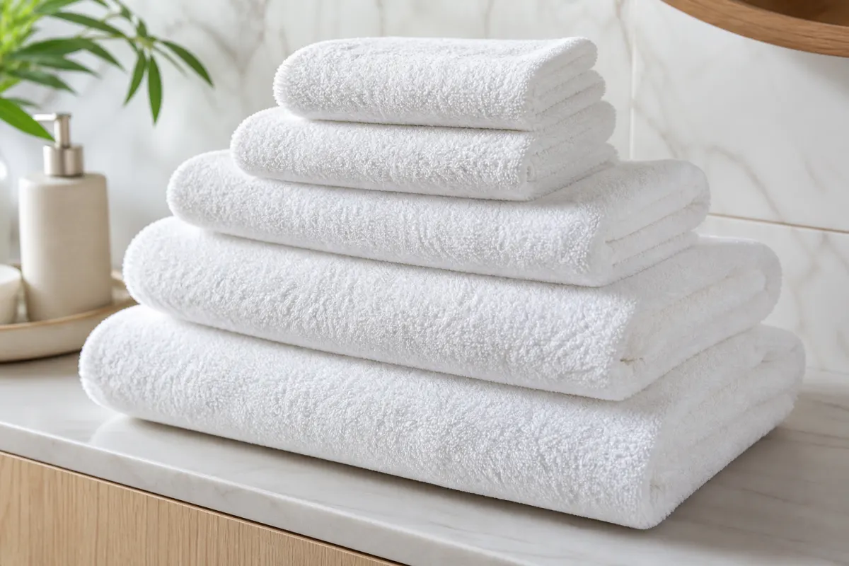 Pila di asciugamani hotel bianchi in spugna di cotone piegati in diverse dimensioni su un ripiano da bagno