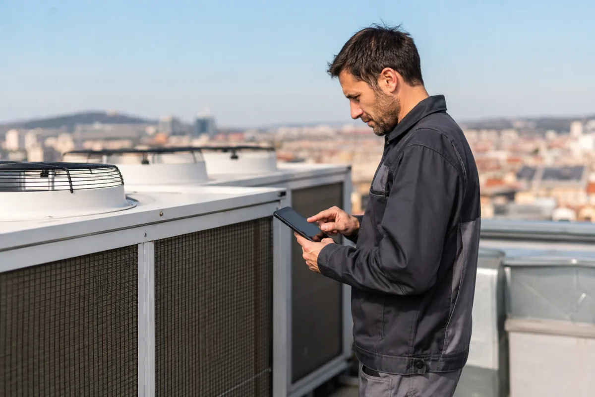 Tecnico con tablet ispeziona l'impianto termico sul tetto di un hotel durante un sopralluogo energetico
