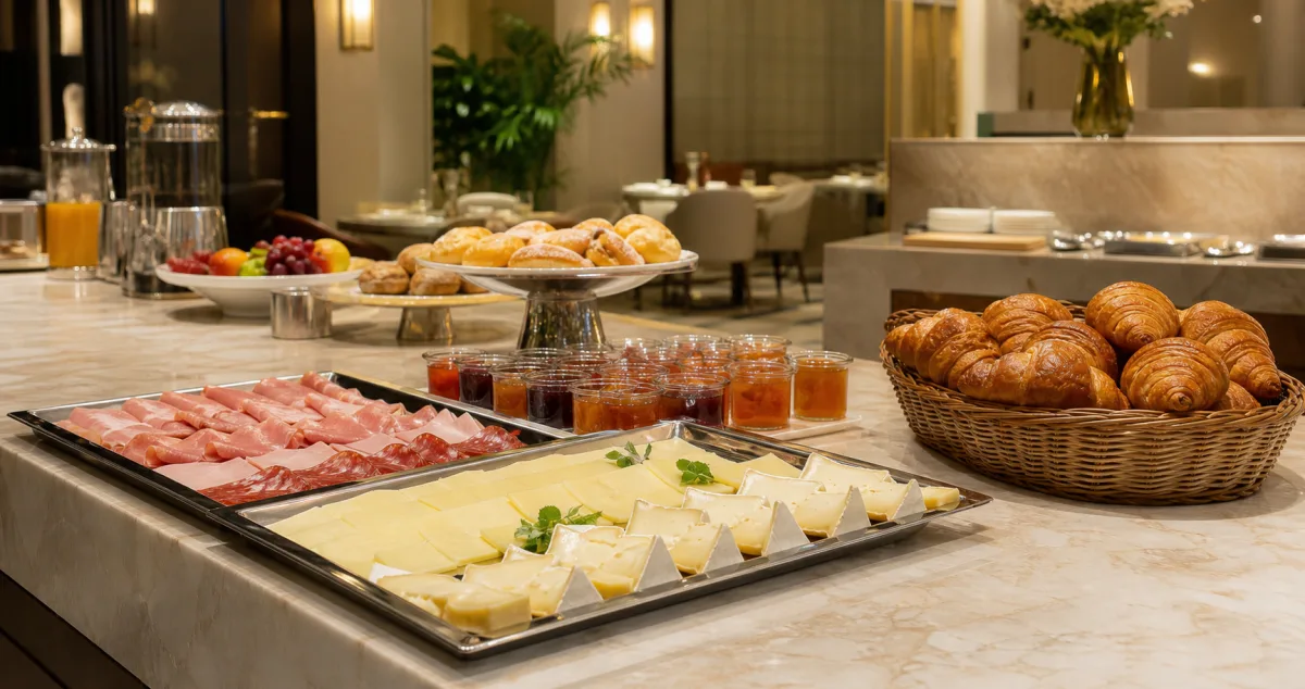 Buffet colazione di hotel con vassoi di affettati, formaggi a pasta molle, marmellate monoporzione e cestino di brioche su bancone in marmo
