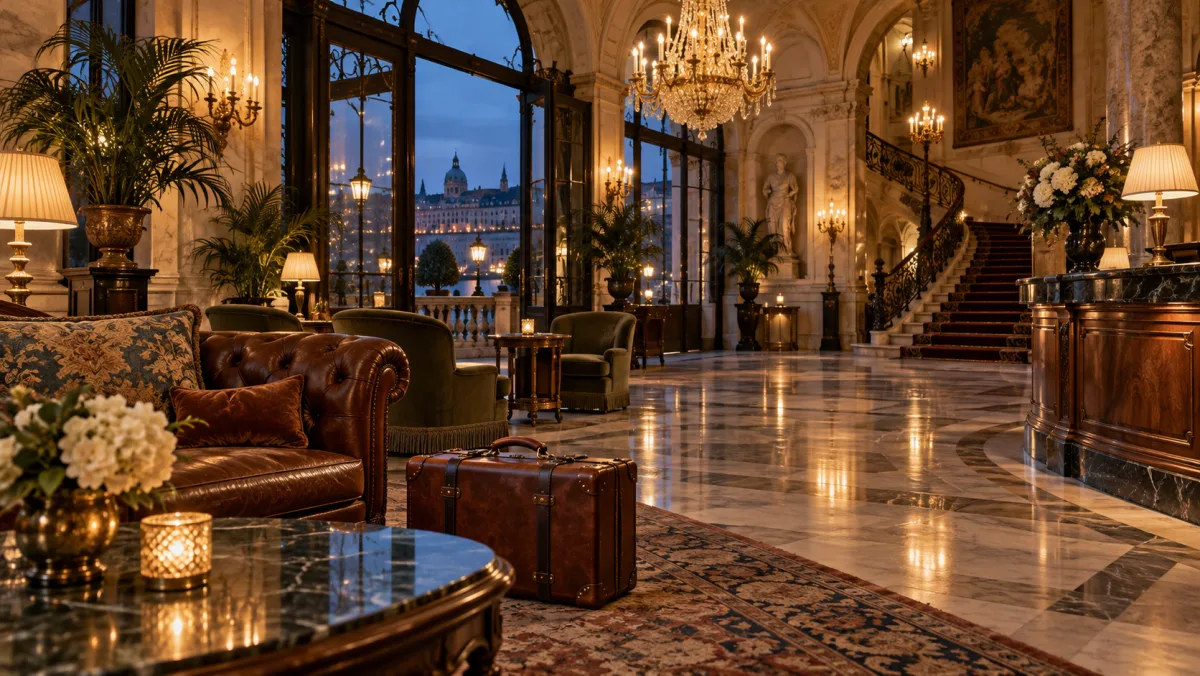 Illustrazione fotografica di una lobby di grand hotel immaginario; non ritrae nessuno degli hotel citati