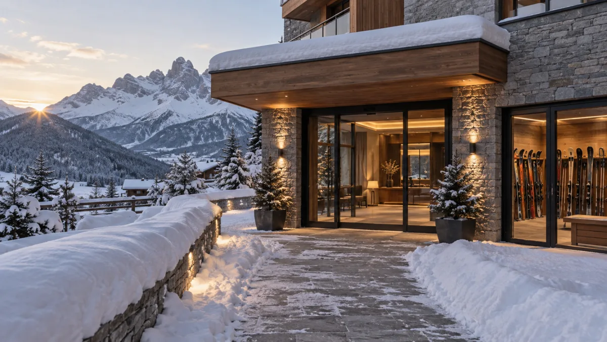 Ingresso sgombro dalla neve di un hotel alpino con deposito sci visibile all'interno