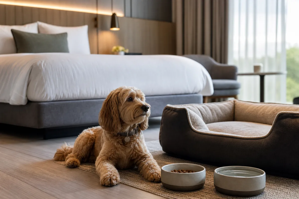 Camera di hotel con un cane di piccola taglia accanto a una cuccia e due ciotole sul pavimento