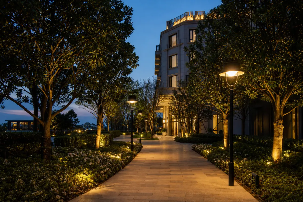 Vialetto esterno di un hotel illuminato da lampioni a LED al tramonto