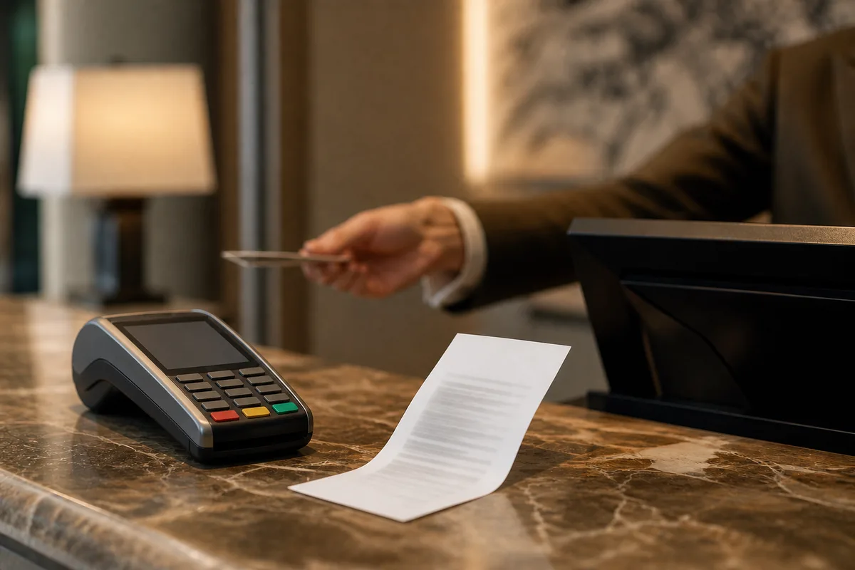 Banco reception di un hotel al check-out, con terminale di pagamento e ricevuta appoggiati sul piano in marmo