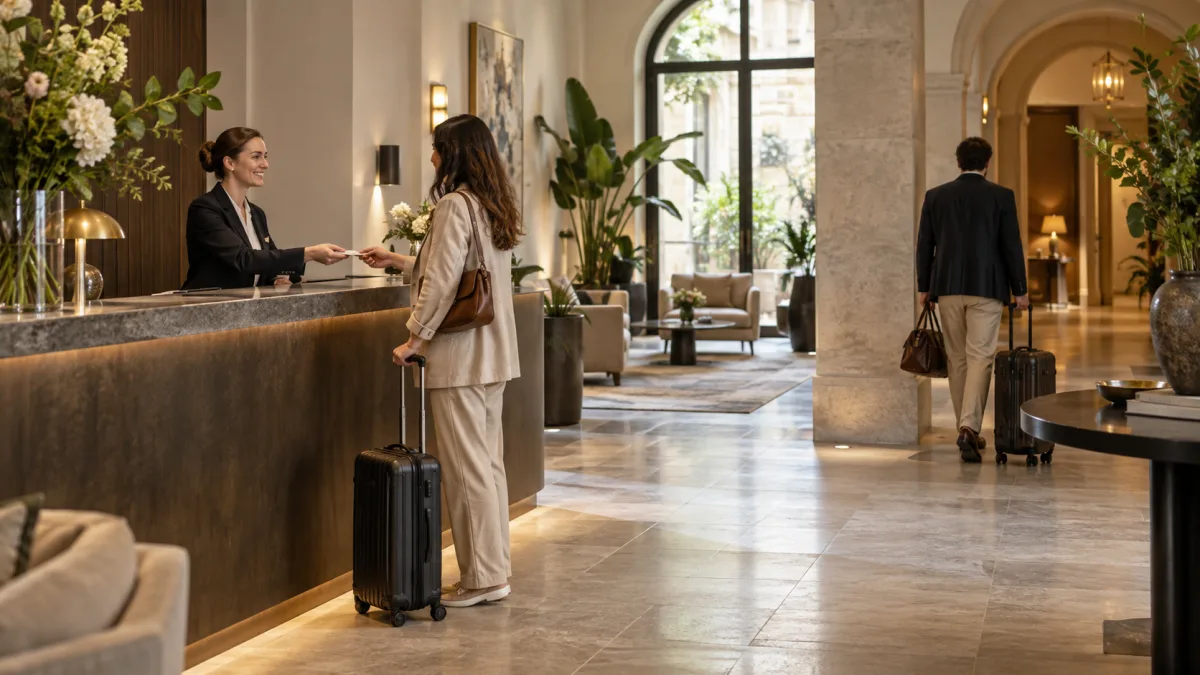 Ospite con valigia accolto alla reception di un hotel contemporaneo