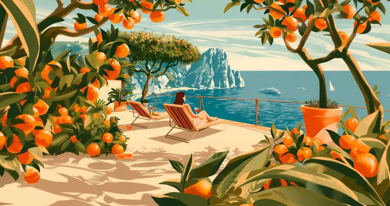 Paesaggio mediterraneo illustrato della linea Itinera