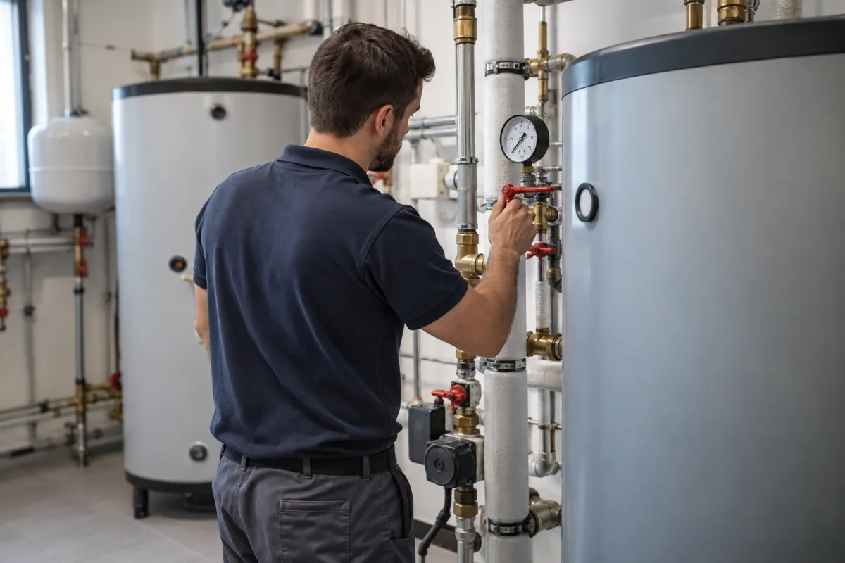 Tecnico manutentore controlla una valvola e un manometro su un impianto idrico/boiler in un locale tecnico d'hotel