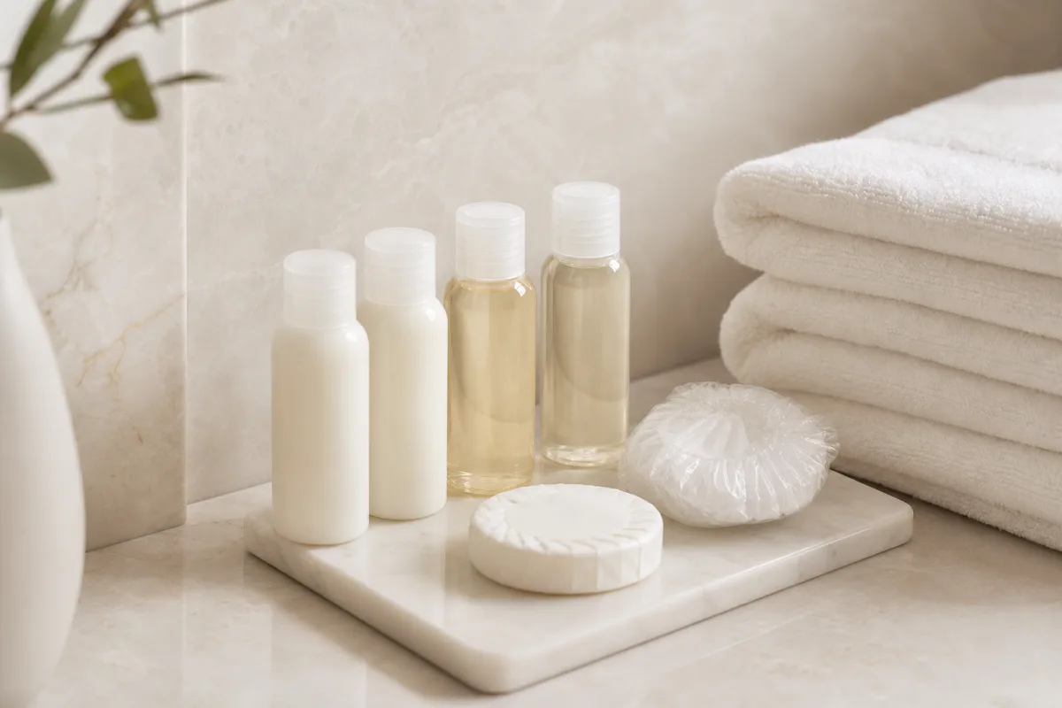 Set di linea cortesia da bagno hotel su ripiano di marmo: flaconi bagnoschiuma e shampoo, saponetta, cuffia doccia, accanto ad asciugamani piegati