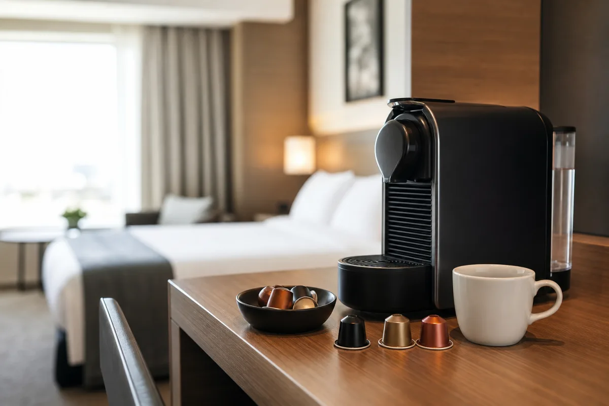 Macchina da caffè a capsule su un mobiletto in una camera di hotel accanto a tazzine bianche