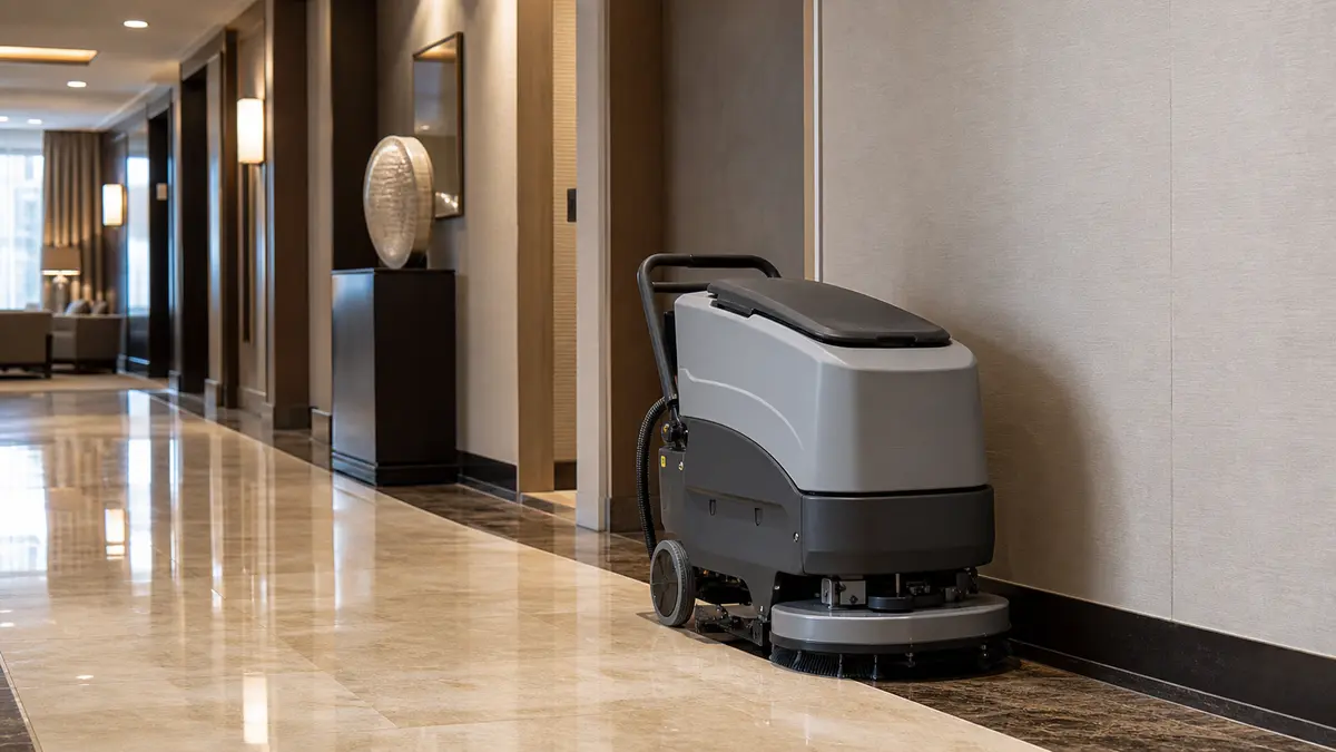 Lavasciuga pavimenti professionale in un corridoio di hotel durante la pulizia mattutina
