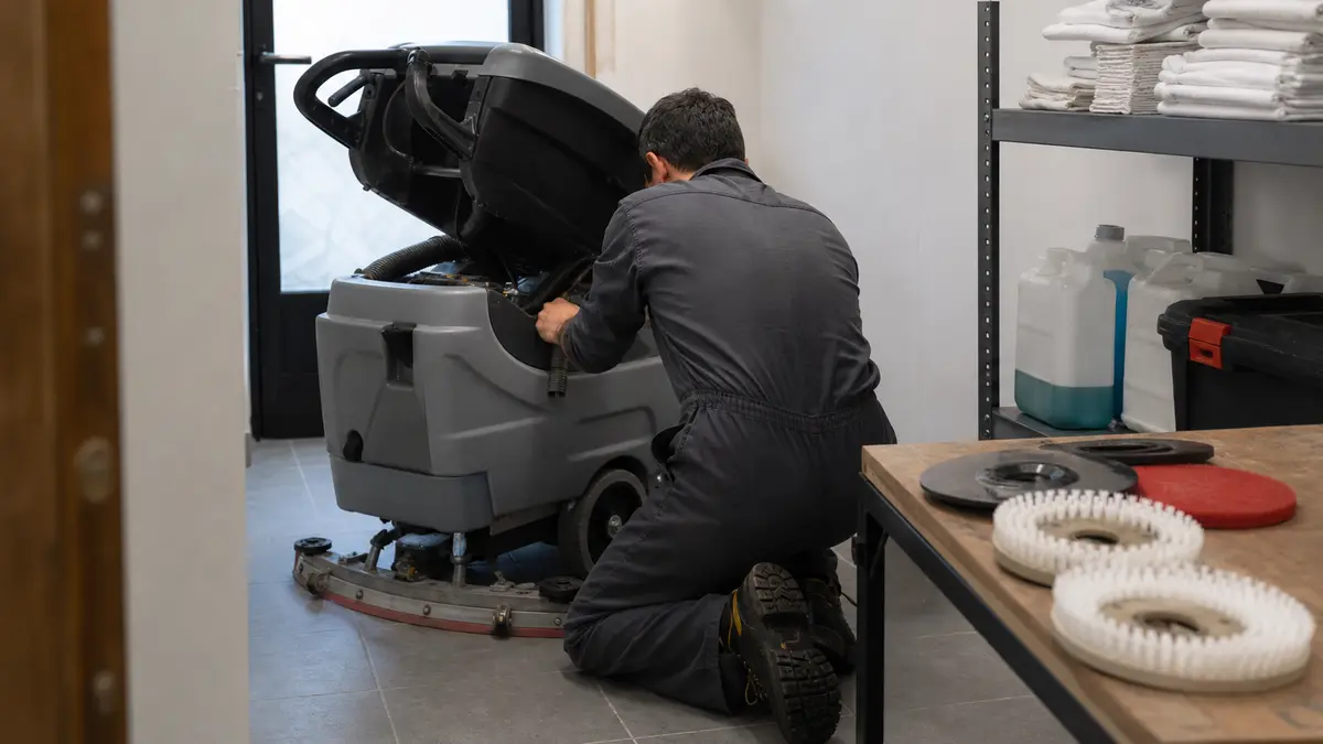 Tecnico che effettua la manutenzione di una lavasciuga pavimenti professionale in un magazzino hotel