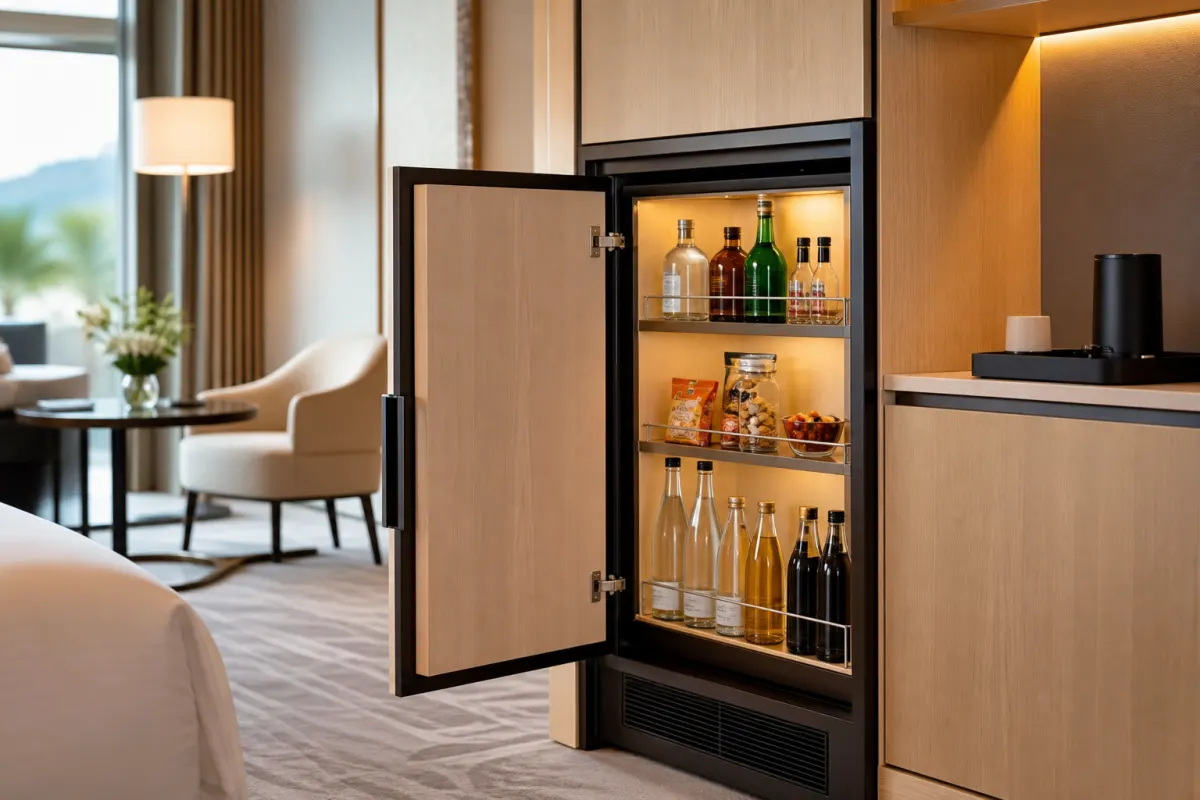 Minibar in legno chiaro aperto in una camera di hotel con bevande e snack in bella vista