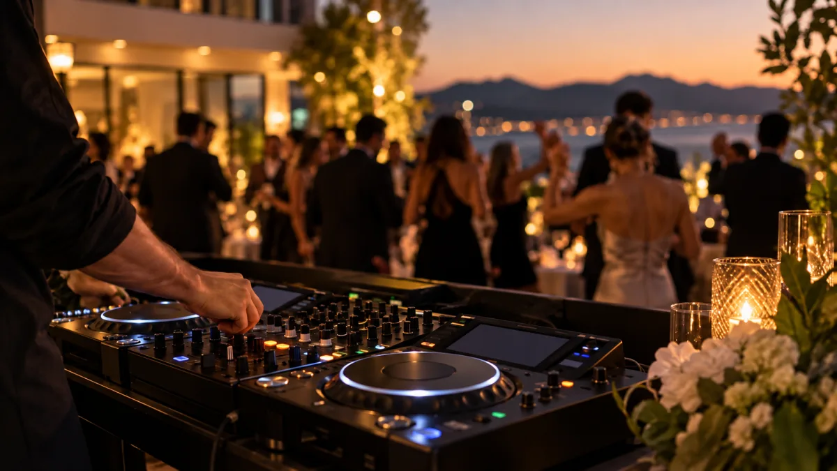 DJ console con luci soffuse durante un evento serale in un hotel, ospiti sfocati sullo sfondo