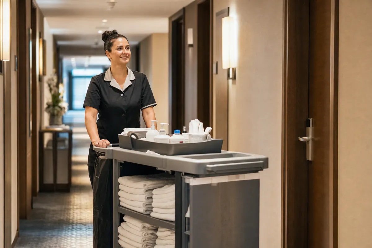 Cameriera ai piani con carrello di pulizia in un corridoio di hotel