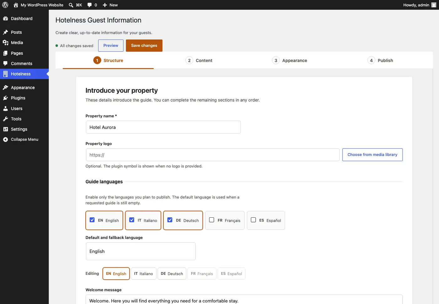 Pannello di amministrazione WordPress del plugin, fase di compilazione della struttura della guida (nome struttura, logo, lingue attive)