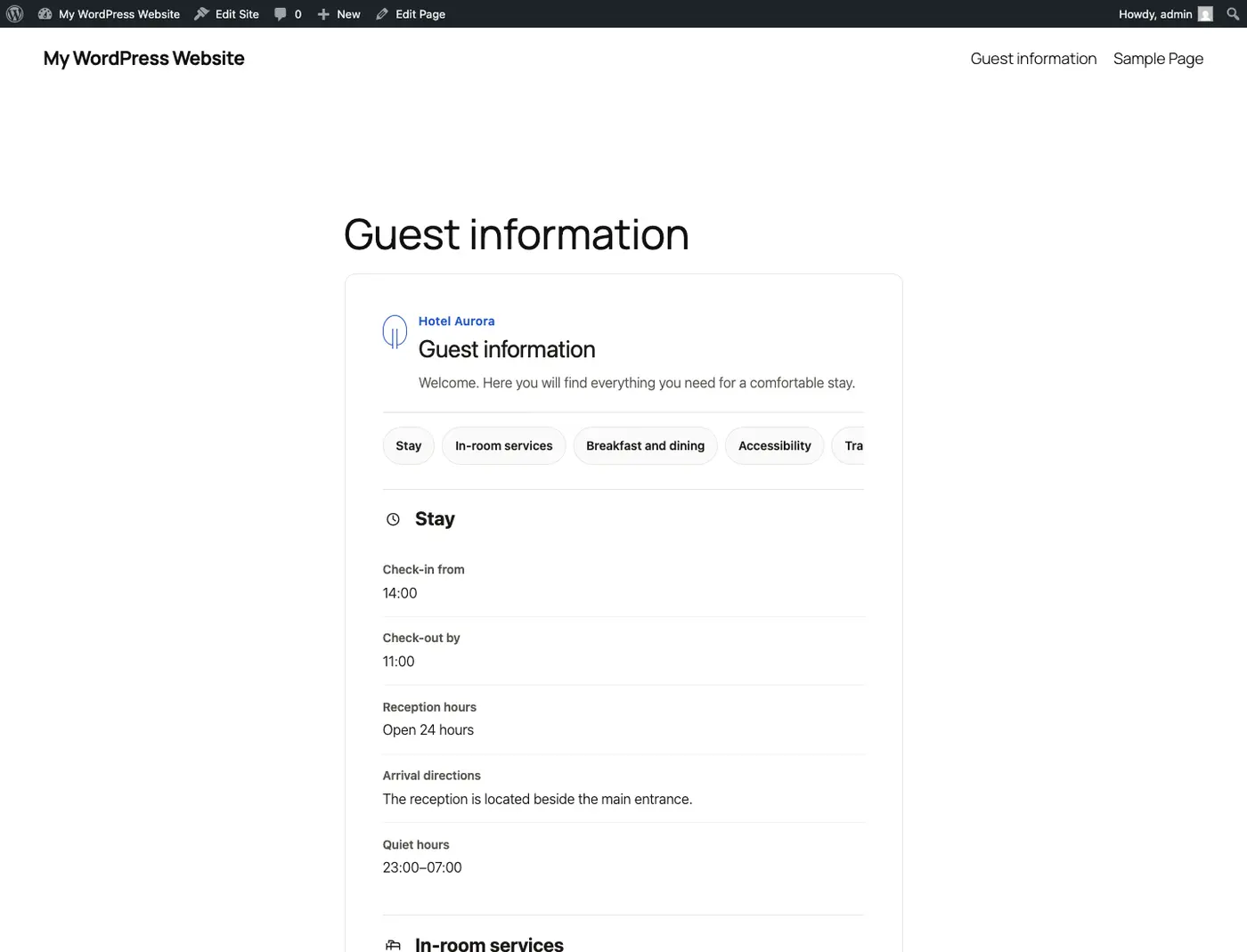 Schermata reale della guida ospiti pubblicata su una pagina WordPress