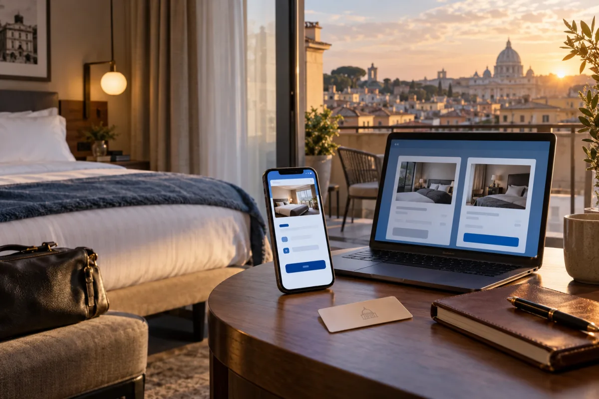Scena illustrativa di una camera d'hotel con due schermate astratte di prenotazione, una su telefono e una su laptop