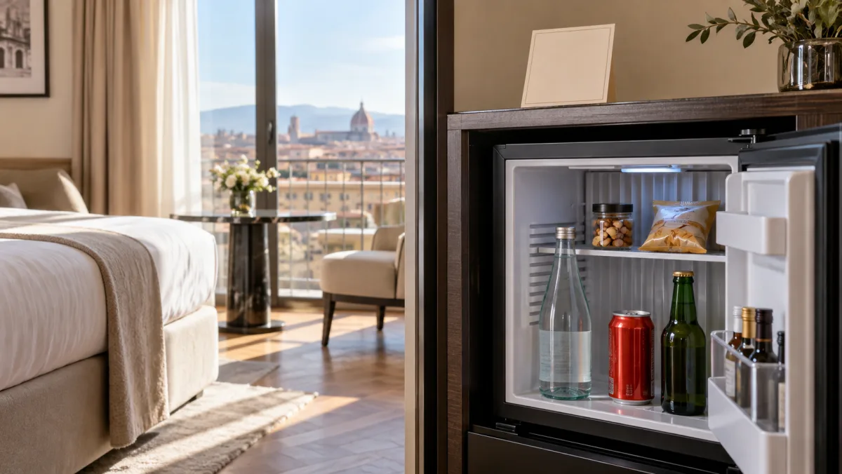 Minibar aperto in una camera d'hotel, con acqua, bibita, birra, snack e scheda prezzi