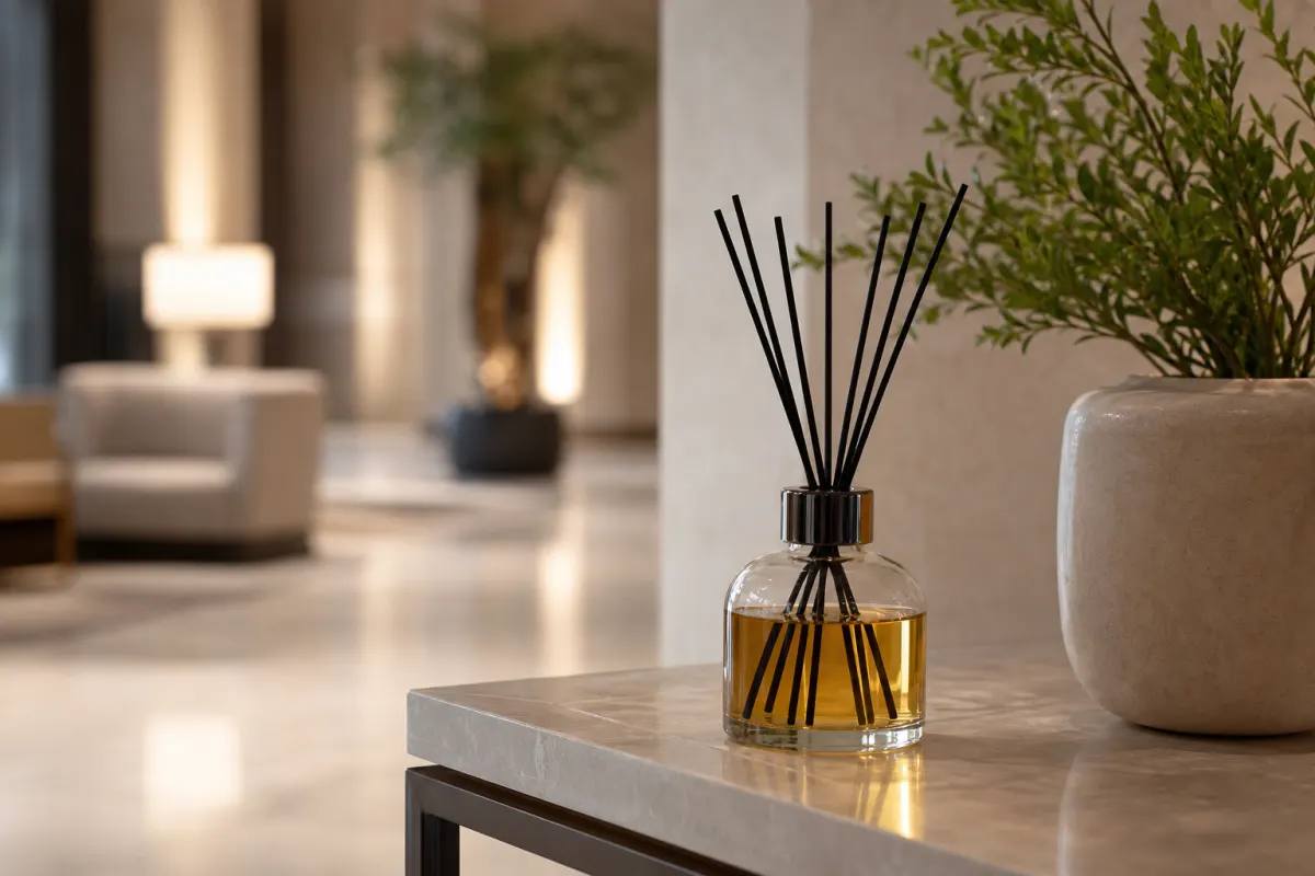 Diffusore di profumo ambientale a bastoncini su un tavolo console in una hall di hotel