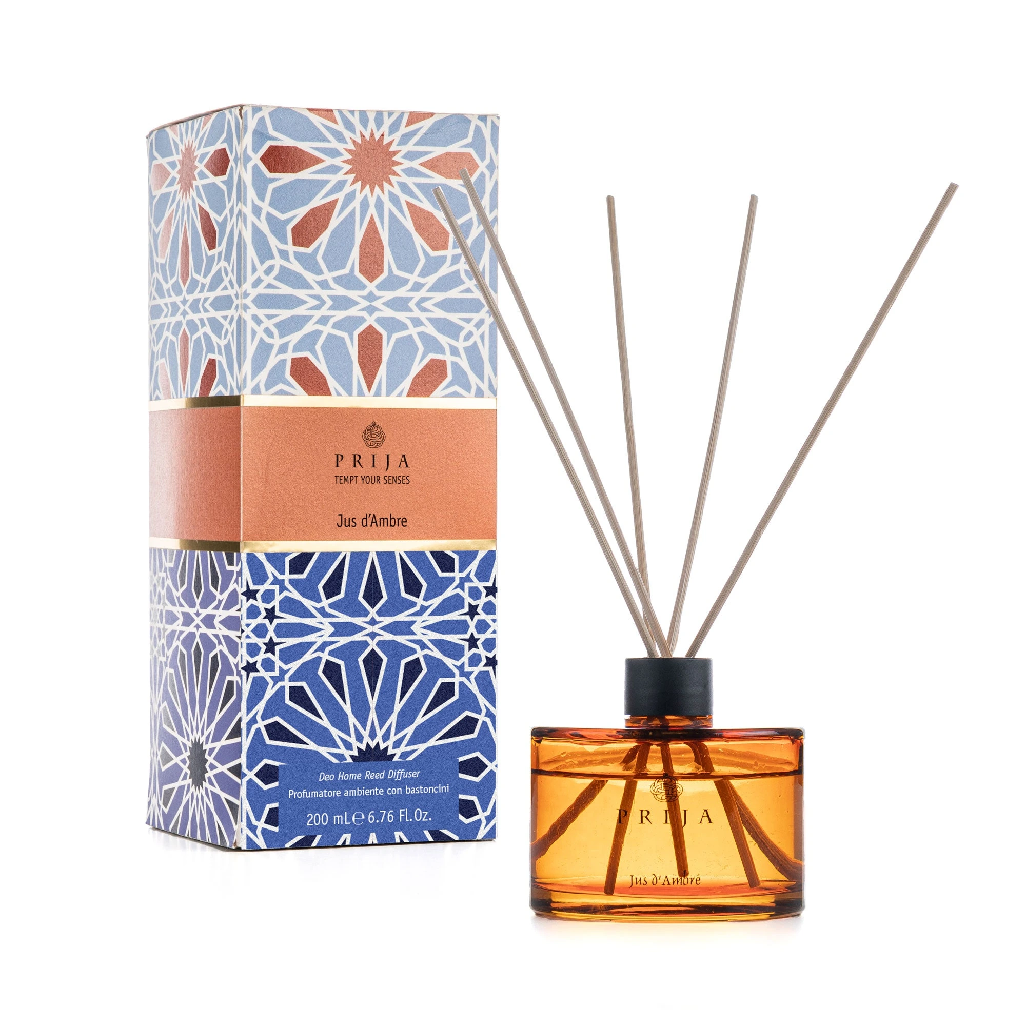 Diffusore ambiente Prija Jus d’Ambre da 200 ml con bastoncini e confezione
