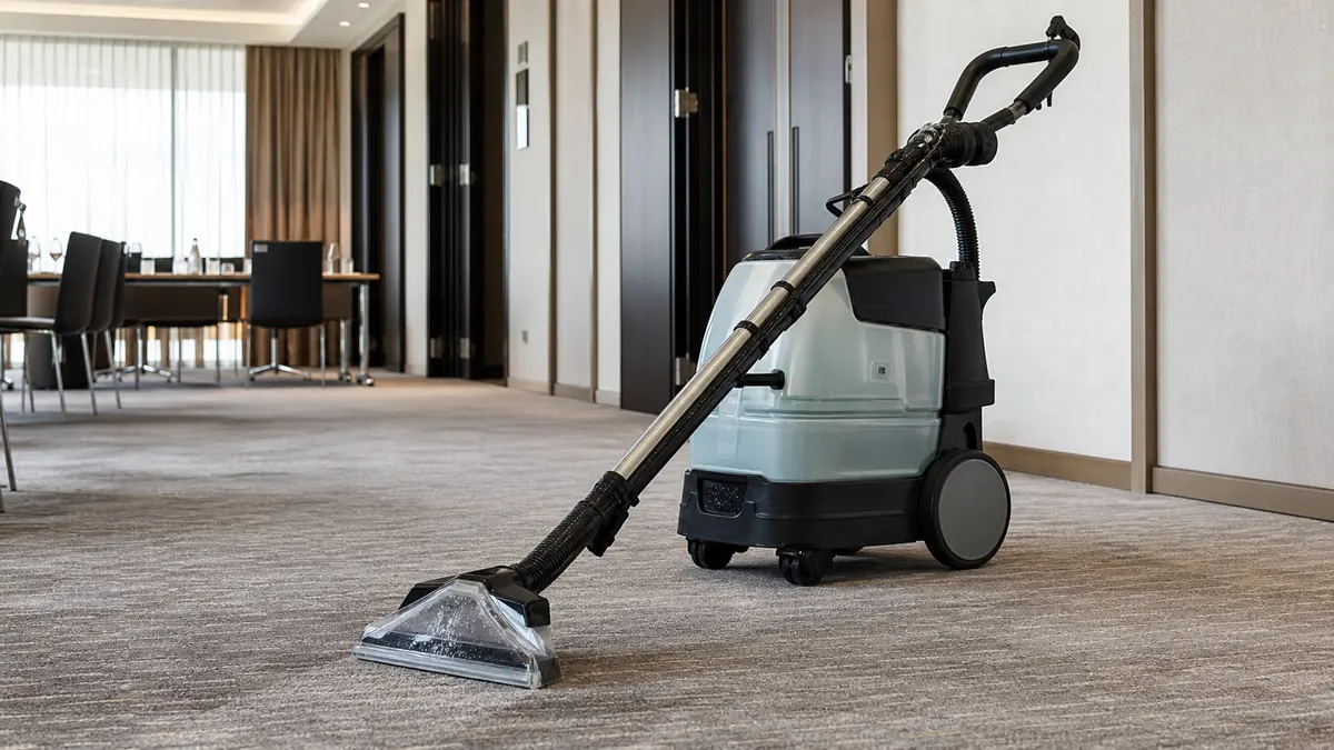 Macchina professionale per la pulizia a iniezione-estrazione su una moquette di un corridoio hotel